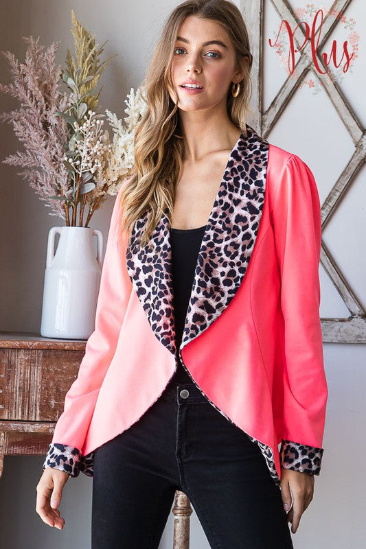 6401- Neon Pink Shawl Open Blazer w/ Animal Print Detail