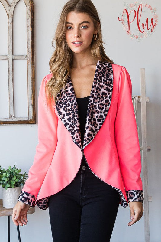 6401- Neon Pink Shawl Open Blazer w/ Animal Print Detail