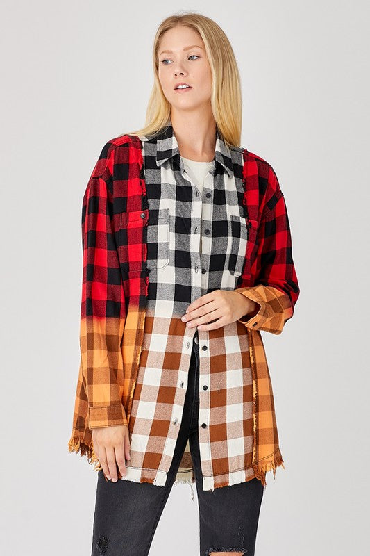 6672- Contrast Ombre Oversized Long Button Down Shirt