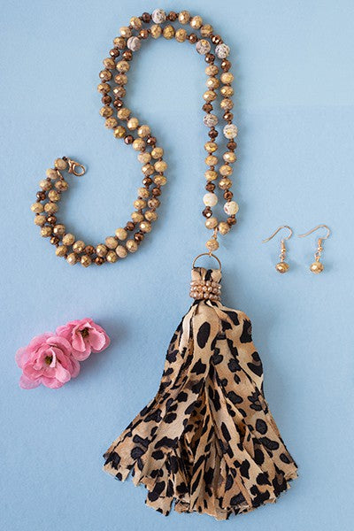 6815- Leopard Print Tassel Necklace w/ Gold Beads