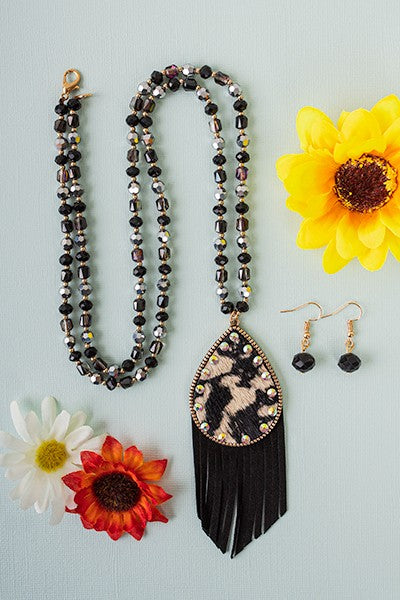 6813- Black Animal Print Necklace w/ Tassels