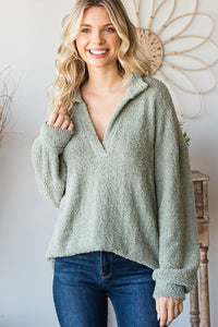 6819- Sage Fuzzy Split Neck Lightweight Soft Sweater