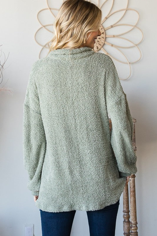 6819- Sage Fuzzy Split Neck Lightweight Soft Sweater