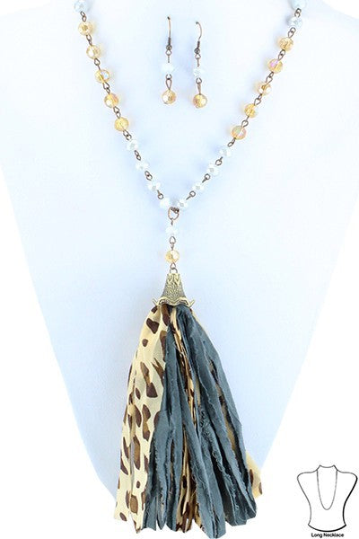 6816- Grey Leopard Print Tassel Necklace w/ Beaded Detail