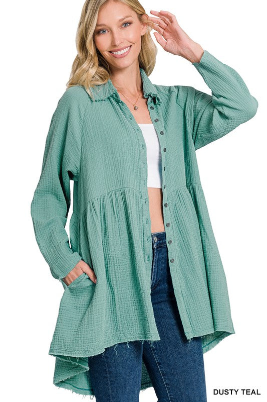 7205- Dusty Teal Gauze Raw Hem Button Down Shirt