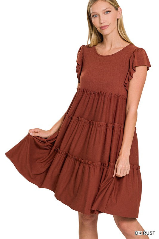 7728- Dark Rust Ruffle Sleeve Tier Dress