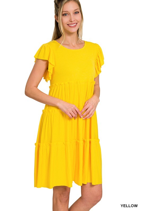 7802- Yellow Ruffle Sleeve Tier Dress