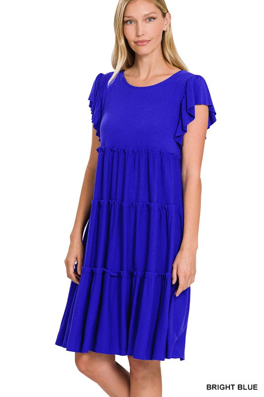 7733- Bright Blue Ruffle Sleeve Tier Dress