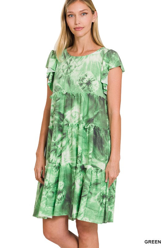 7727- Green Tie Dye Tier Dress w/ Ruffle Sleeves