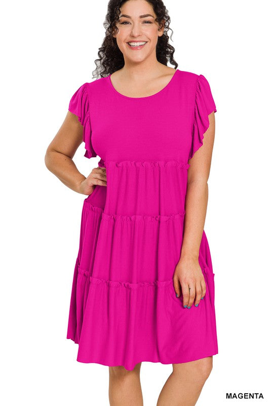 7734- Magenta Ruffle Sleeve Tier Dress