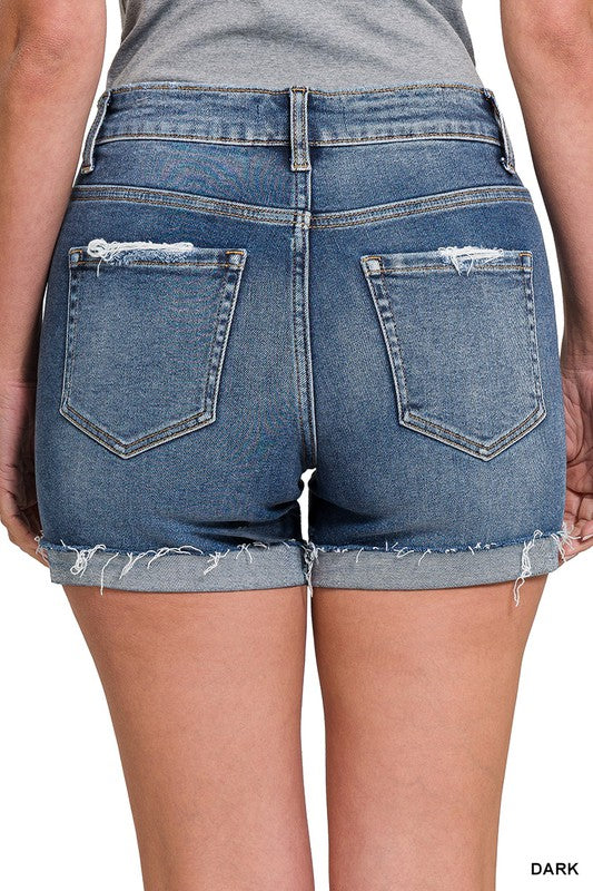 7454- Dark Wash Distressed Cuffed Raw Hem Denim Shorts - {ZENANA BRAND}