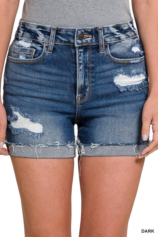 7454- Dark Wash Distressed Cuffed Raw Hem Denim Shorts - {ZENANA BRAND}