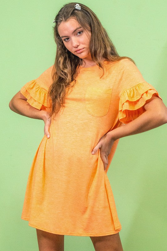 7858- Orange Double Ruffle Sleeve Dress