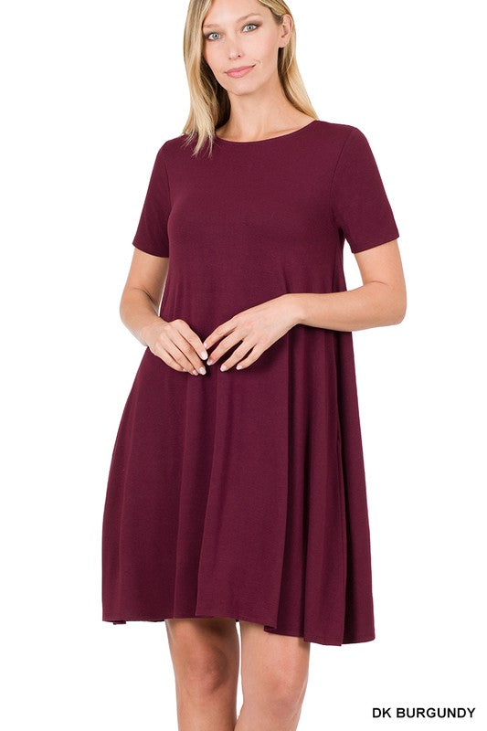 7981- Dark Burgundy Short Sleeve T-Shirt Dress w/ Pockets