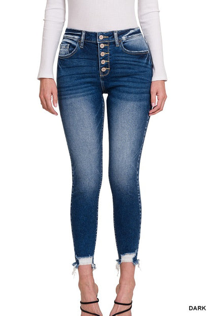 7723- Dark Wash high Rise Button Fly Jeans w/ Ankle Distressing {ZENANA}