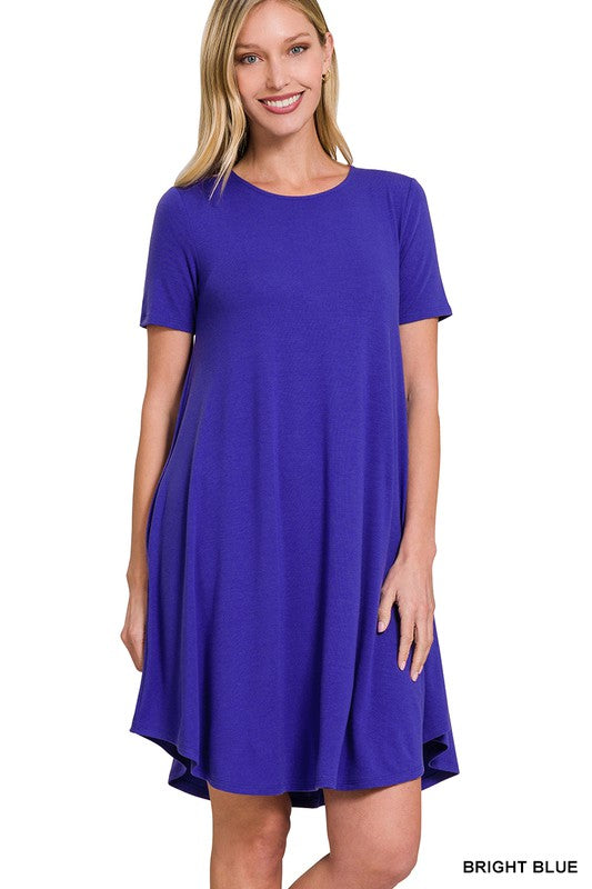 7987- Bright Blue Short Sleeve T-Shirt Dress w/ Pockets