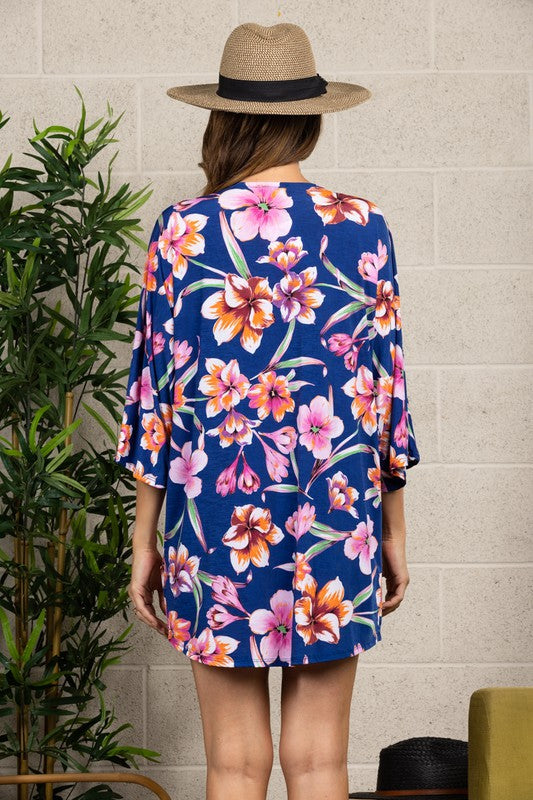 6892- Blue and Orange Floral Print Kimono