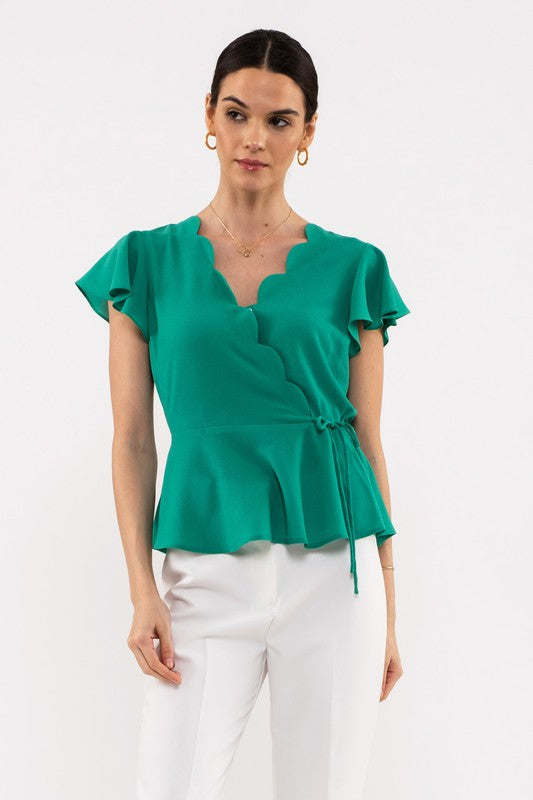 8017- Kelly Green Scalloped Surplice Woven Top