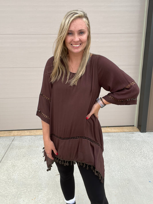 6910- Brown Tunic w/ Pom Pom Detail