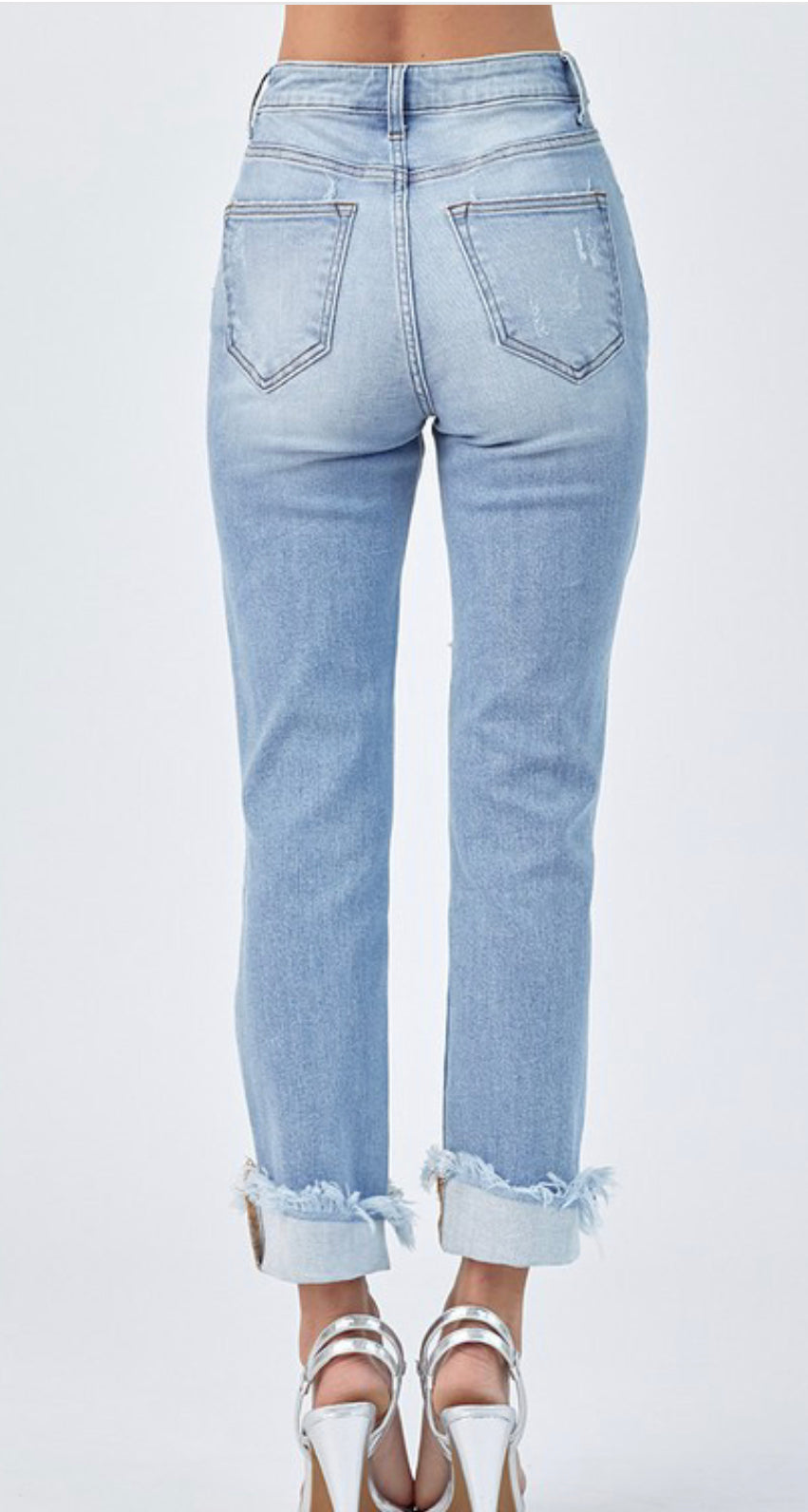 1559- Distressed Boyfriend Light Wash Jeans w/ Cuffed Hem