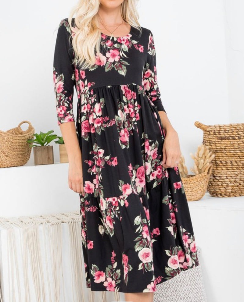 1626- Black Floral Midi Tiered Dress