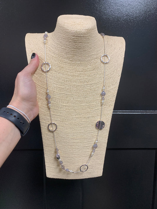 979- Grey Beaded Silver Chain Long Necklace