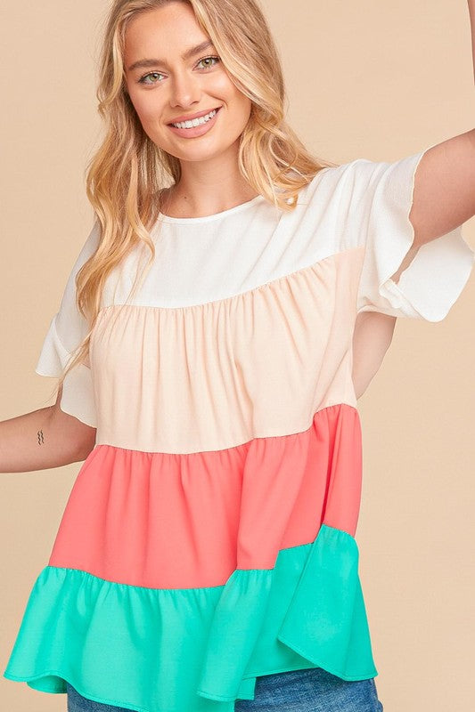 1578- Color Block Tier Ruffle Sleeve