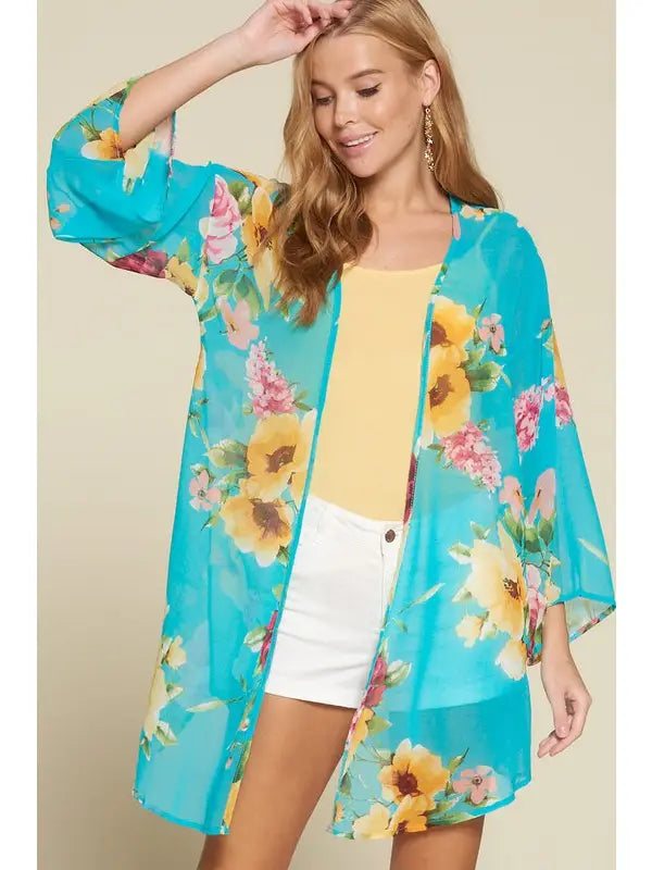 7945- Turquoise Floral Chiffon Kimono