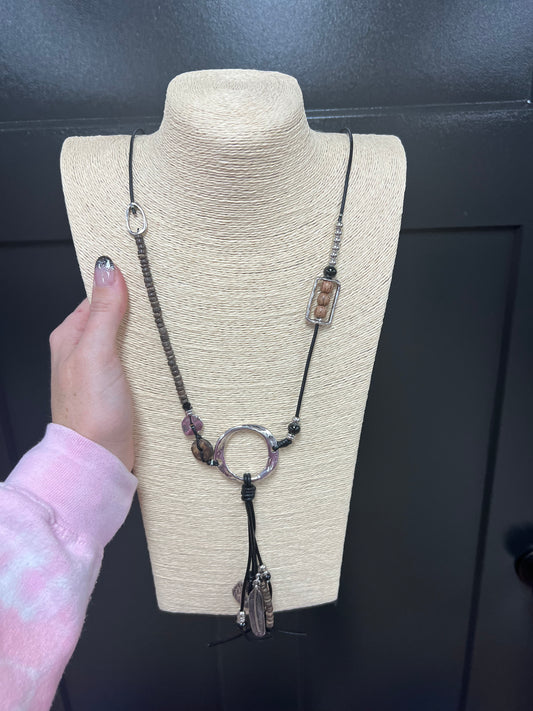 7230- Brown Necklace w/ Circle Beads and Tassel Necklace