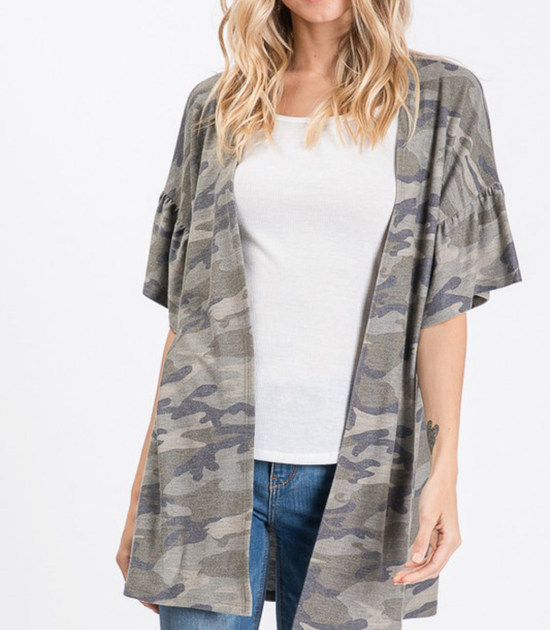 1445- Olive Camo Cardigan w/ Ruffle Sleeves