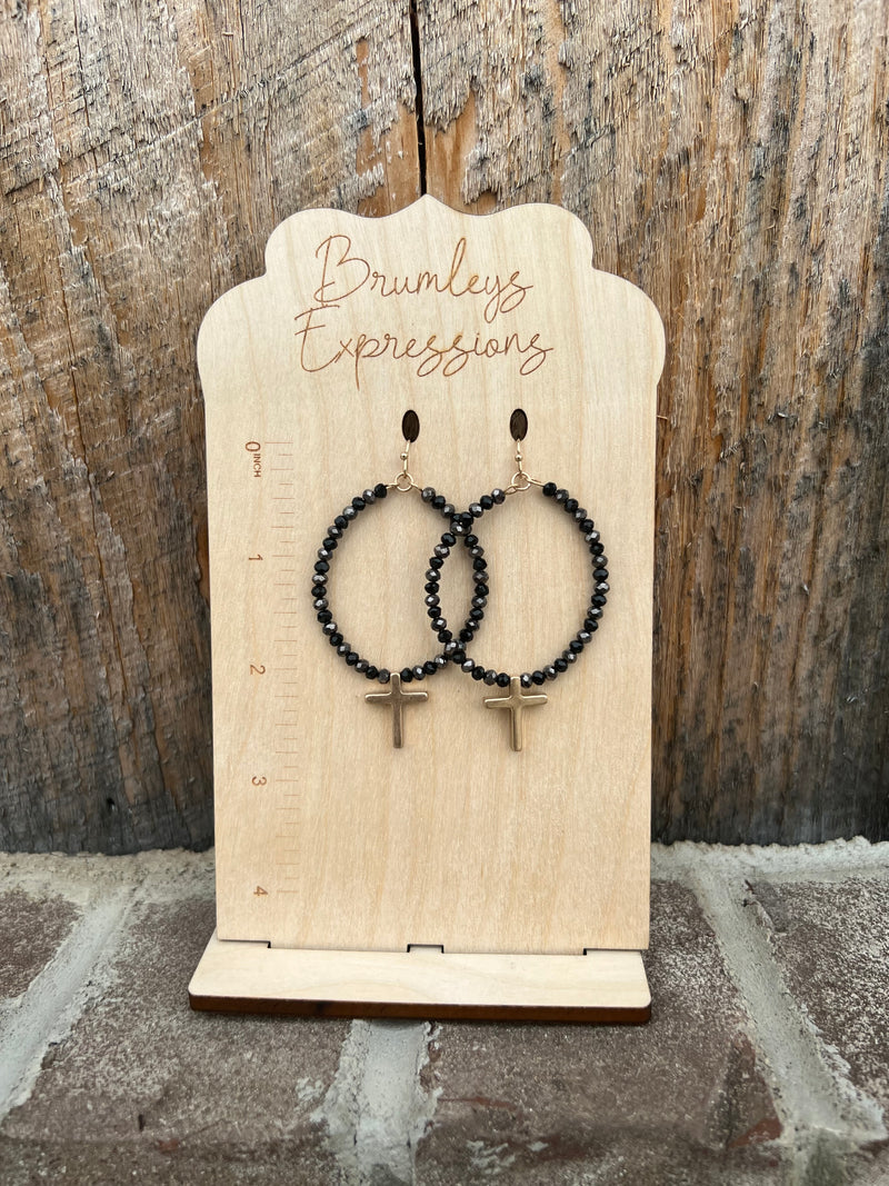 6065- Black Beaded Circle Earrings w/ Cross Detail