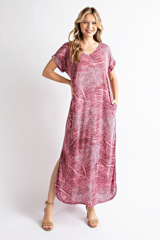 6137- Burgundy Mixed Animal Print Maxi Dress w/ Pockets