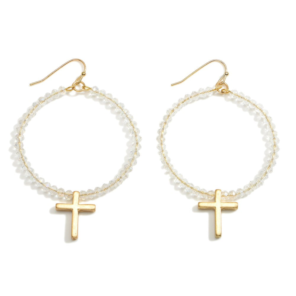 1488- Crystal Hoop Beaded Earring w/ Cross Detail