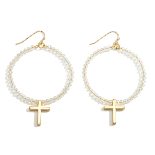 1488- Crystal Hoop Beaded Earring w/ Cross Detail