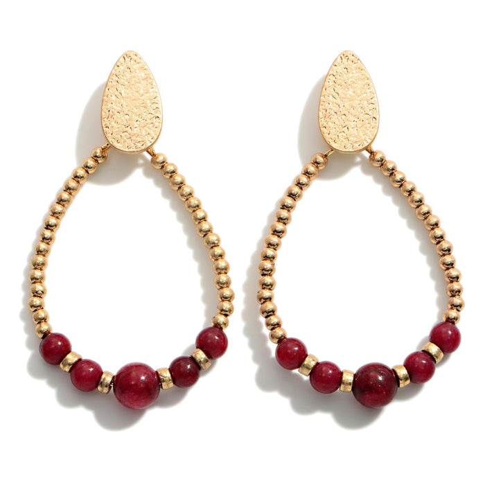 1490- Red Gold Tone Natural Stone Beaded Teardrop Drop Earrings