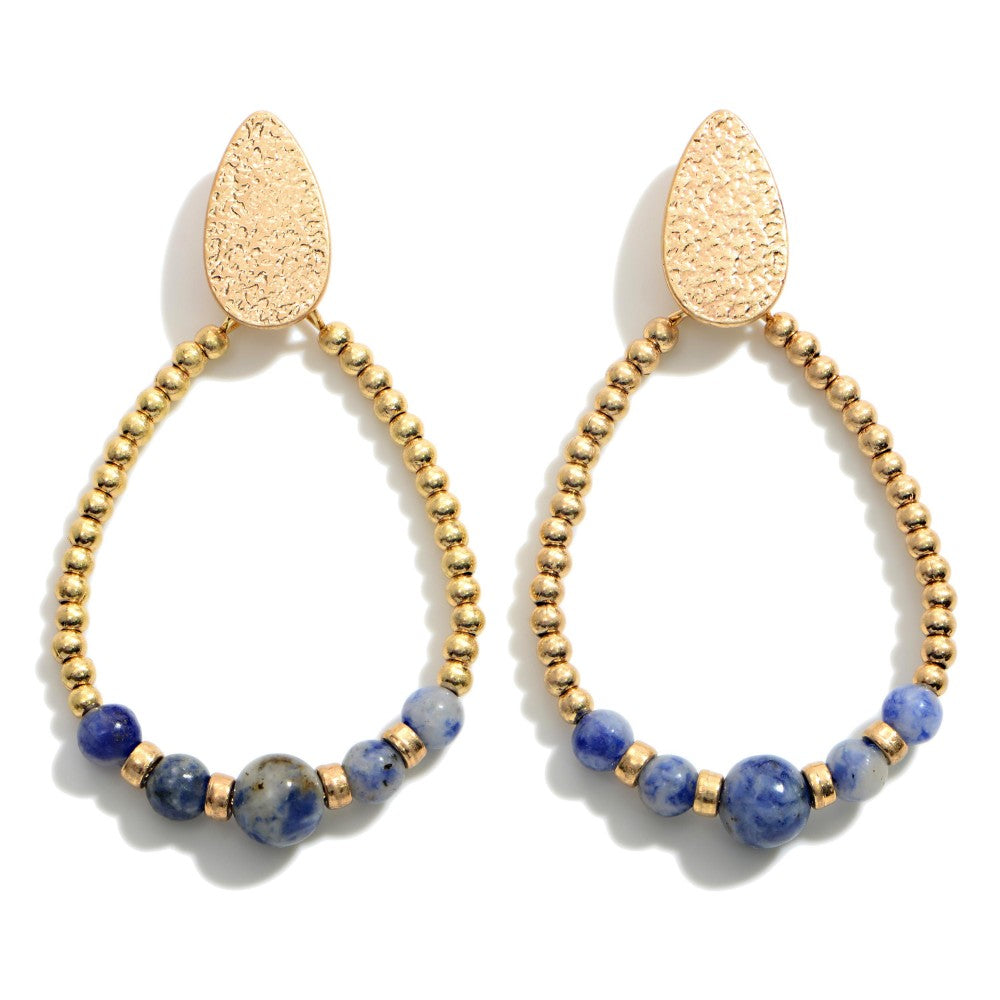 6095- Gold Tone Natural Stone Beaded w/ Blue Detail Teardrop Drop Earrings