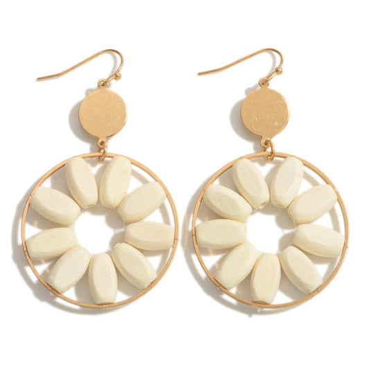 1491- Ivory Gold Tone Hoop Drop Earrings Featuring Wood Bead Accents.