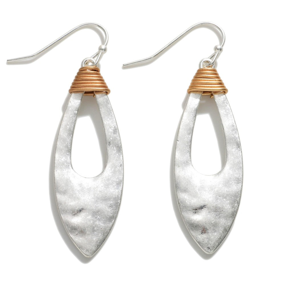 1492- SIlver Hammered Finish Tow-Tone Teardrop Earring