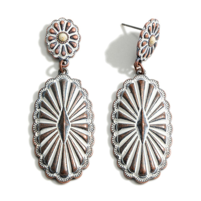 1228- Worn Silver Western Style Concho Drop Earrings With Stone Inset