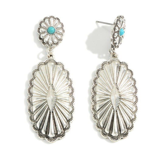 1229- Silver Western Style Concho Drop Earrings With Stone Inset