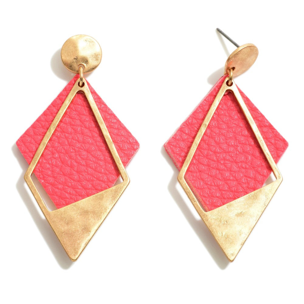 1525- Pink Metal Tone And Faux Leather Drop Earrings