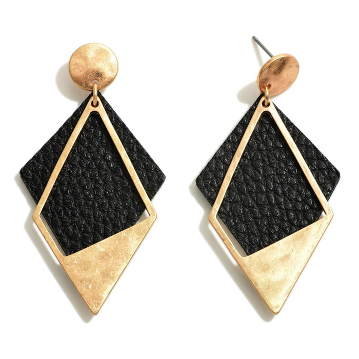 1526- Black Metal Tone And Faux Leather Drop Earrings