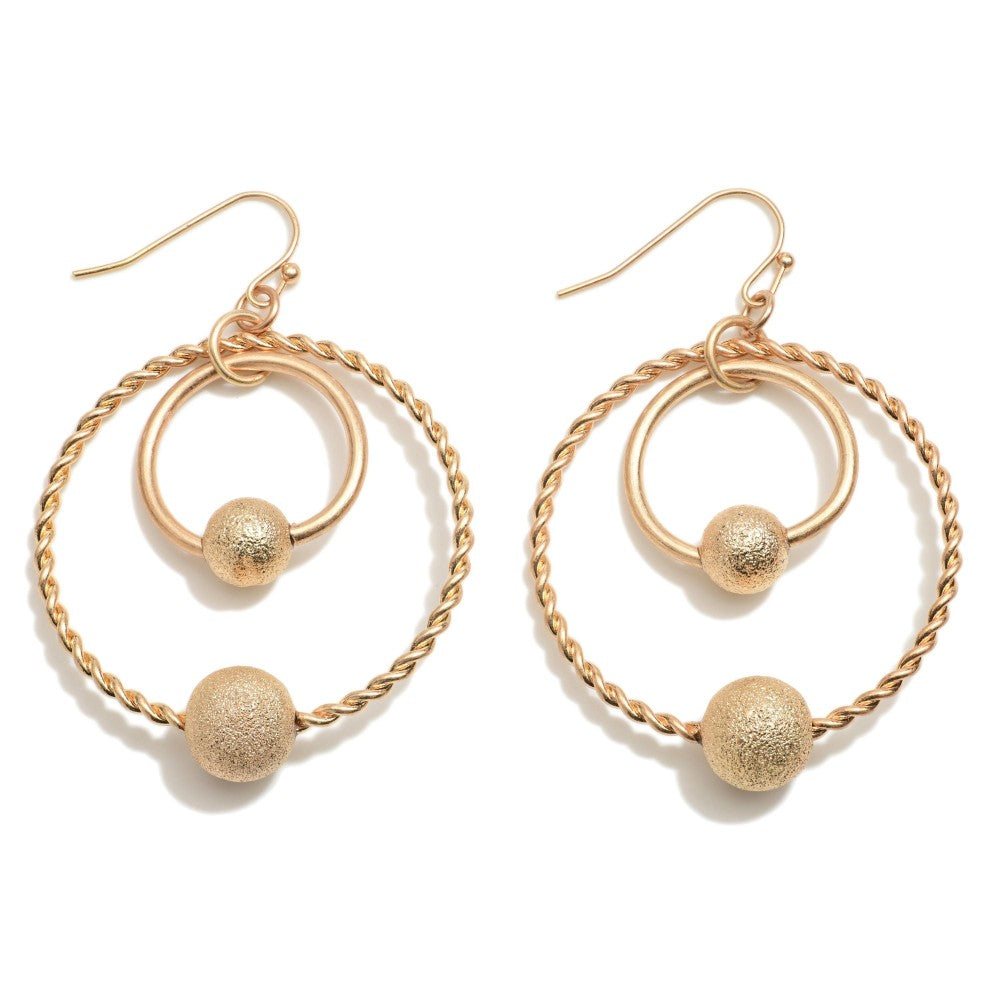 1231- Gold Metal Tone Double Ring Drop Earrings