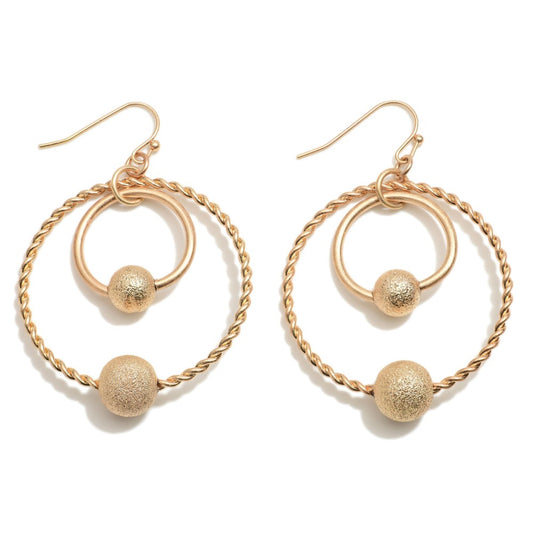 1231- Gold Metal Tone Double Ring Drop Earrings