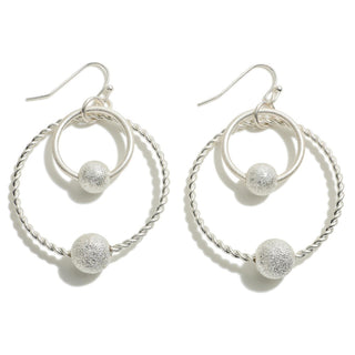 1232- Silver Metal Tone Double Ring Drop Earrings
