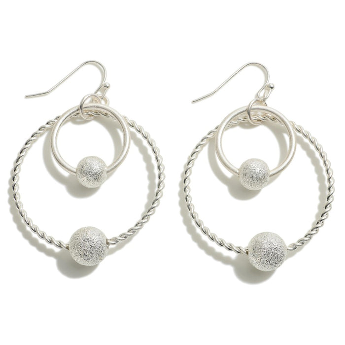 1232- Silver Metal Tone Double Ring Drop Earrings