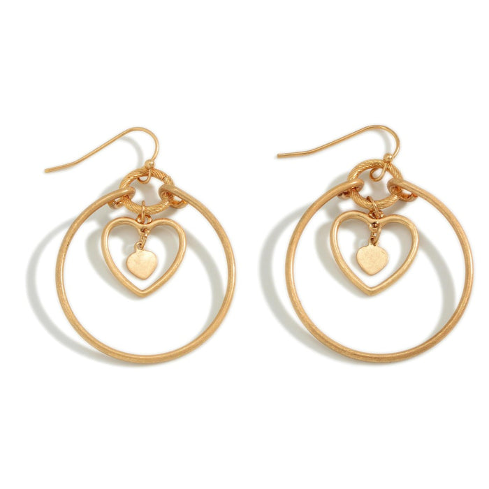 6100- Gold Tone Metal Hoop Drop Earrings With Hanging Heart Charms