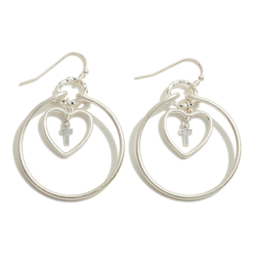 1055- Silver Hoop Earrings w/ Heart And Cross Charms