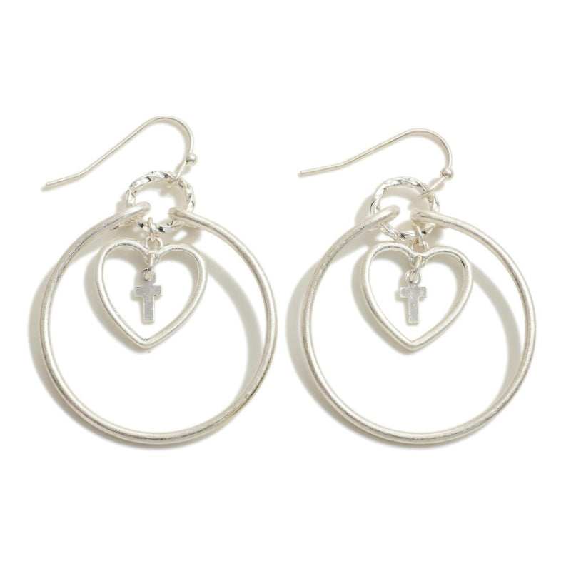 1055- Silver Hoop Earrings w/ Heart And Cross Charms