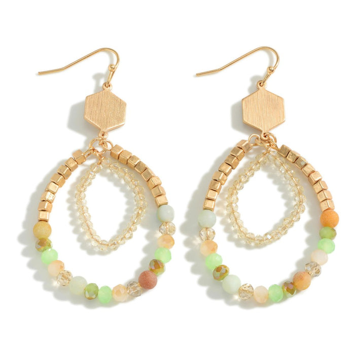 1056- Mint Beaded Teardrop Earrings w/ Stone Detail